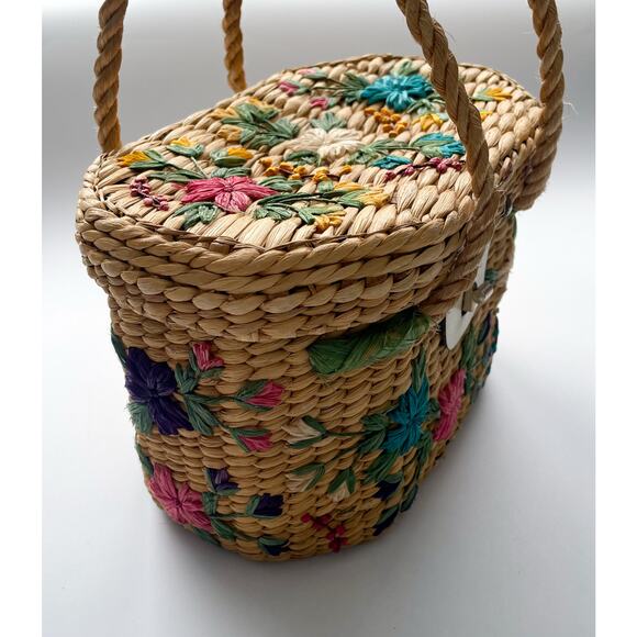 Vintage Straw Basket Top Handle Bag with Colorful Florals - Picture 5 of 16